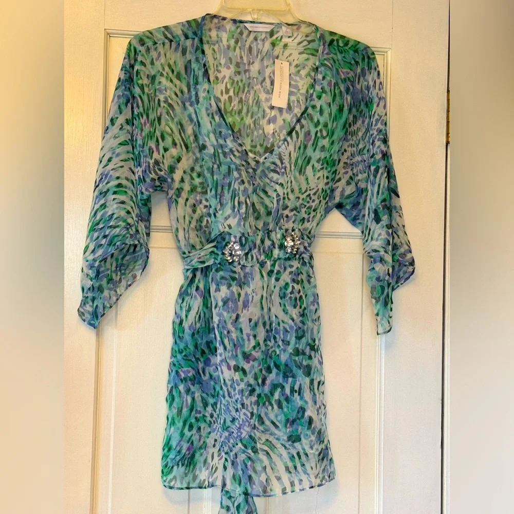 New York & Company Blue and Green 3/4 Sleeve‎ Wrap Coverup